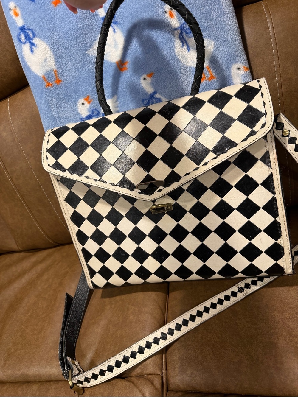 Black & White Checker Top-Handle Crossbody Bag